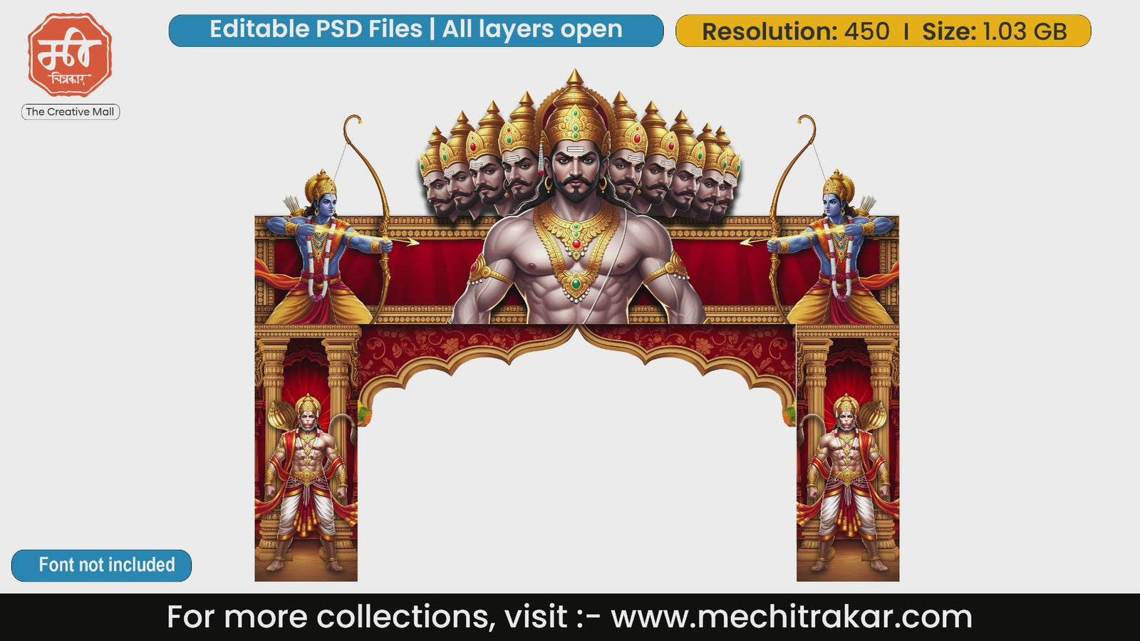 Dussehra special entry gate PSD template displaying Lord Rama, Ravana, and Lord Hanuman with elegant red drapes and golden pillars.