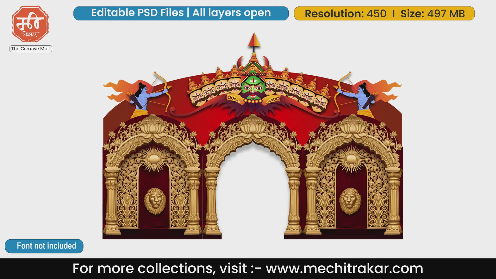 Dussehra festival theme entry gate editable PSD template with ten-headed Ravana and Lord Rama with bow.