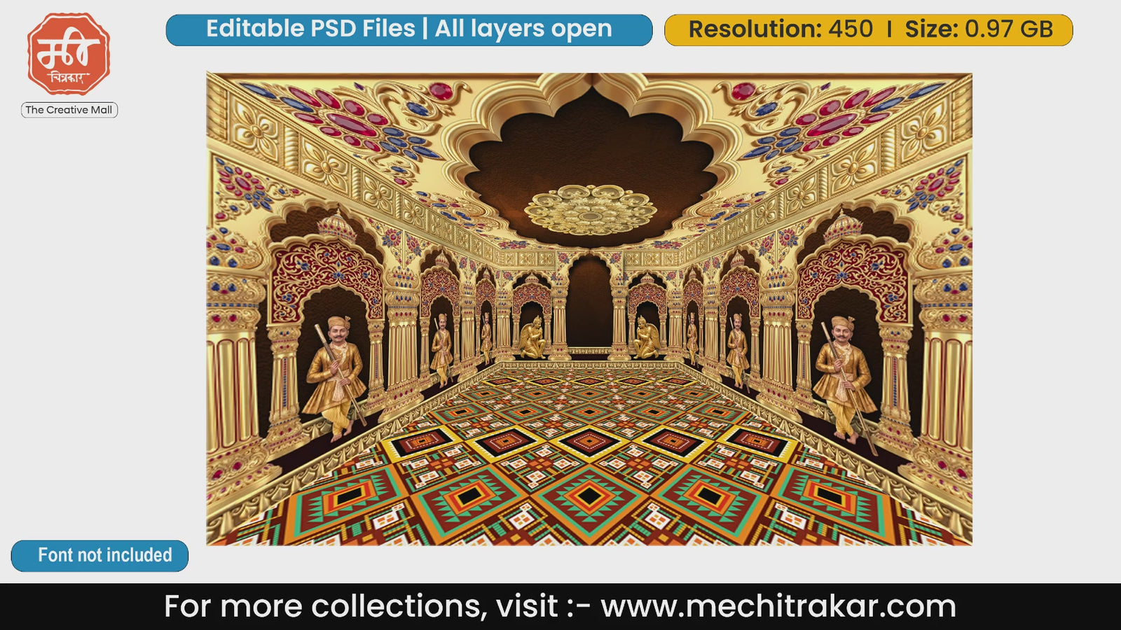 Golden Royal Rajasthani Darbar with Lord Garuda and Royal Guards – Editable PSD Backdrop