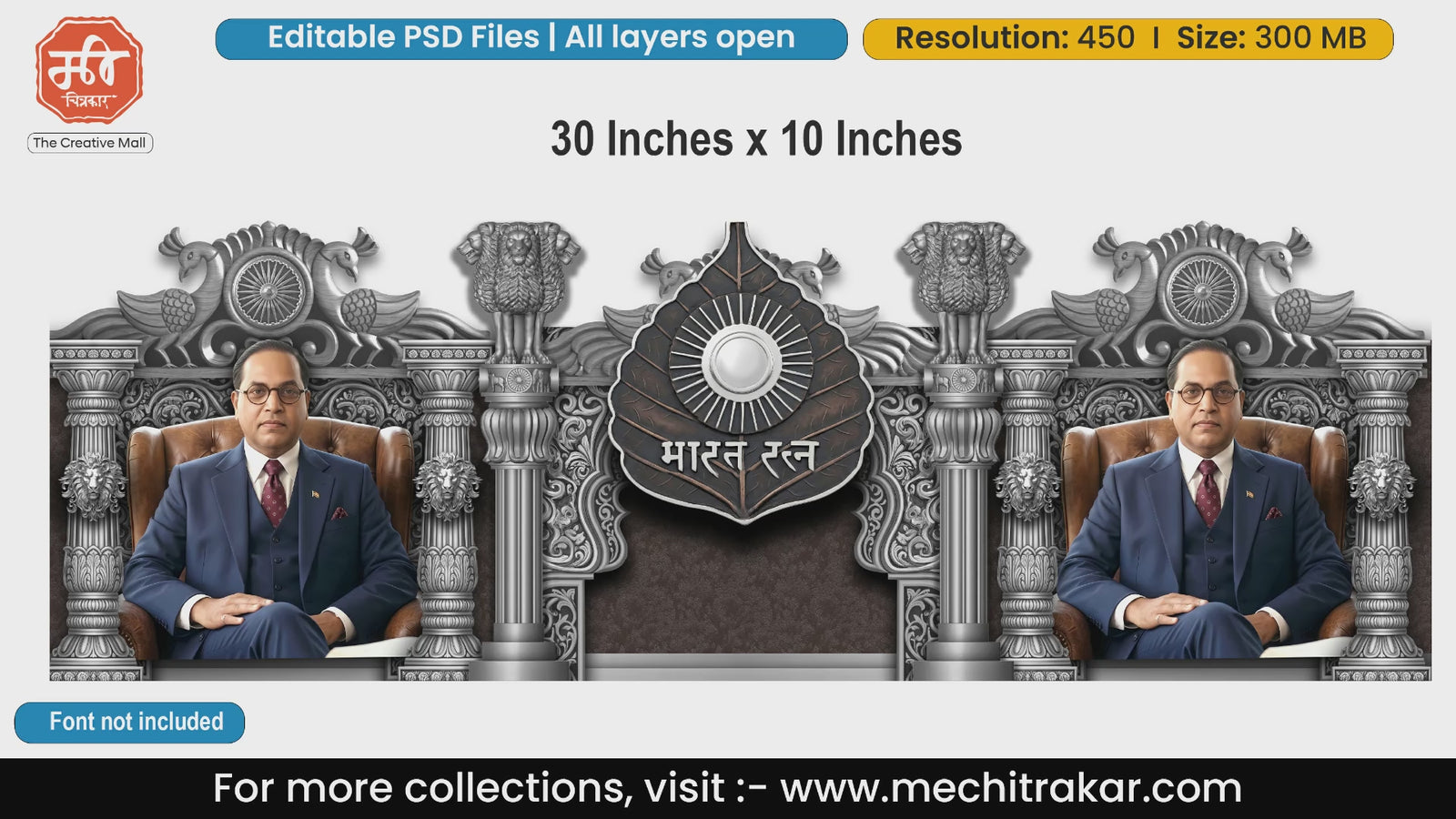 Bharat Ratna Dr. Babasaheb Ambedkar sitting on chair editable PSD template with silver pillars.