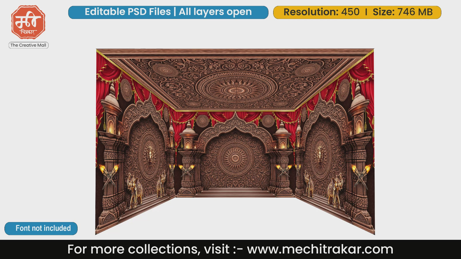 Ancient bronze and dark wood carved temple architecture with majestic lion statues