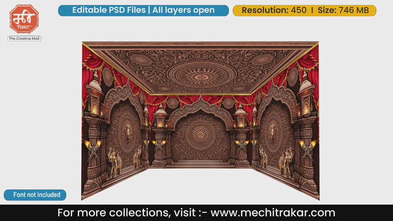 Ancient bronze and dark wood carved temple architecture with majestic lion statues