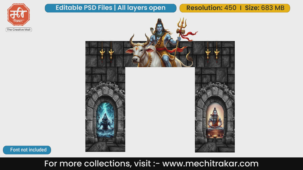 Lord Shiva riding Nandi bull on dark stone entrance gate editable PSD template for Mahashivratri.