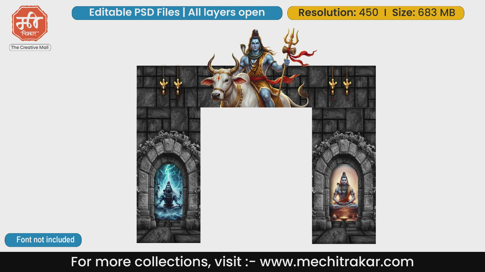 Lord Shiva riding Nandi bull on dark stone entrance gate editable PSD template for Mahashivratri.