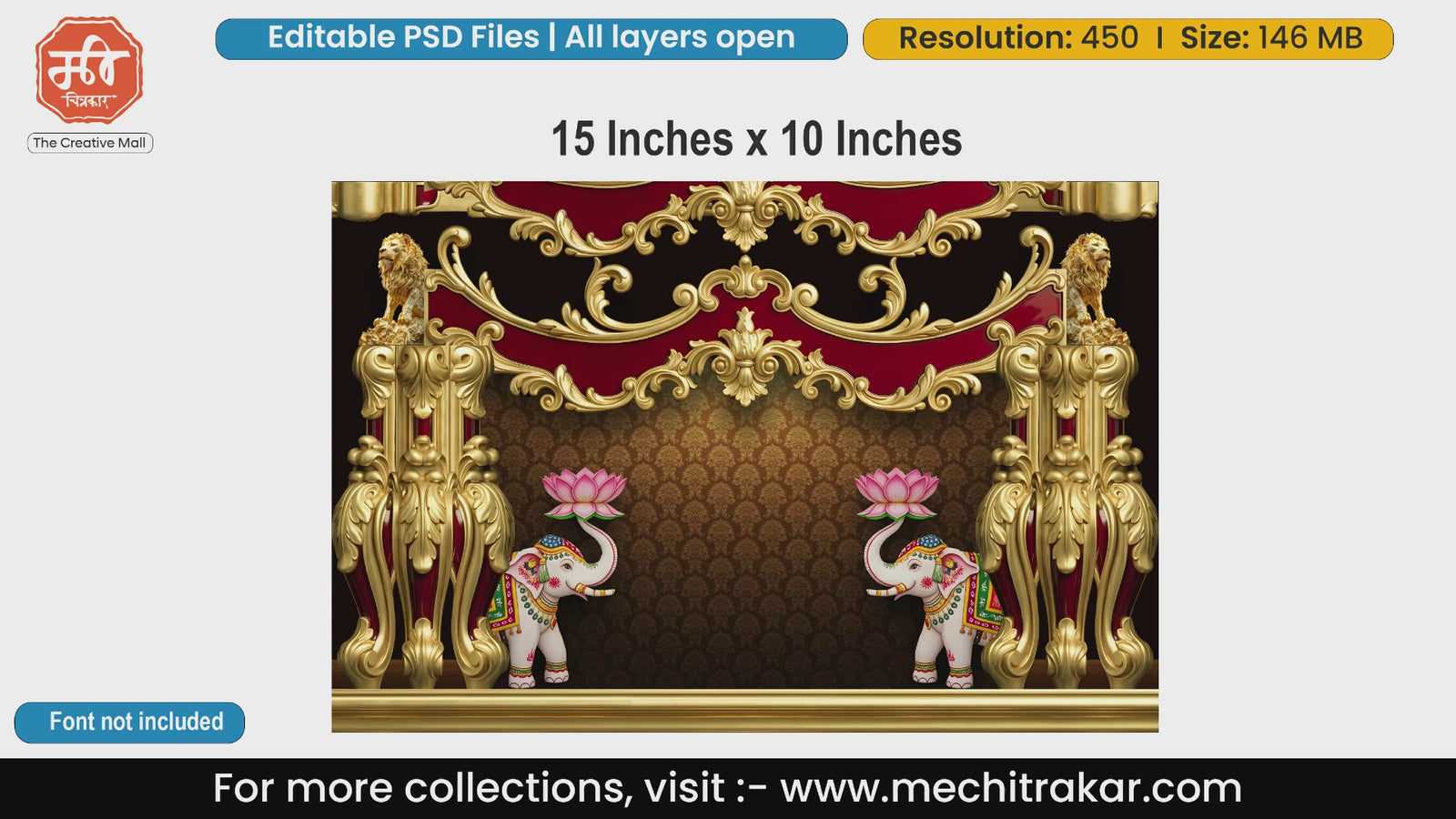Editable PSD template featuring golden arches, lion statues, and elephants holding lotus flowers for Indian Hindu festival banners.