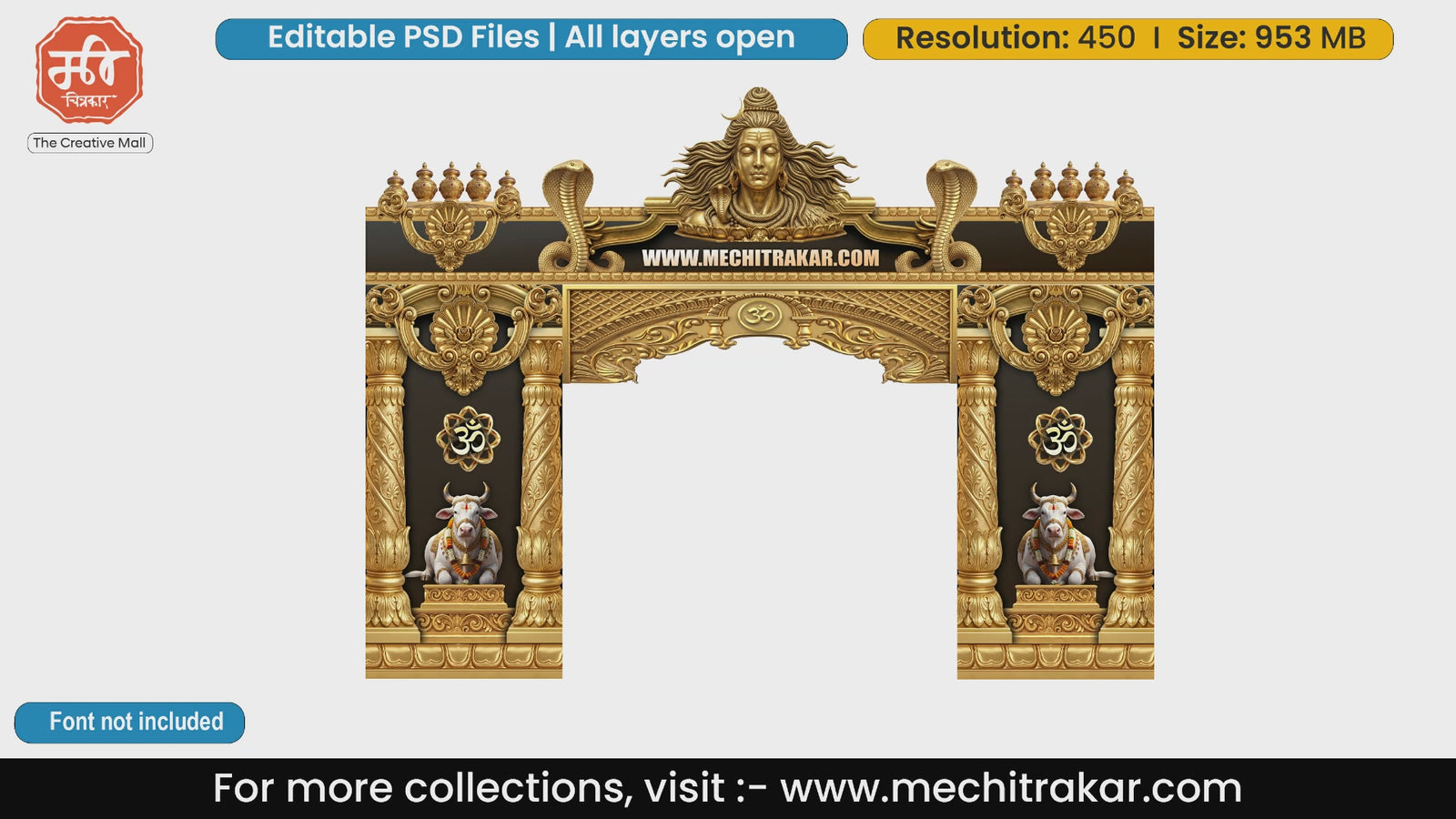 Premium entry gates editable psd template showcasing revered Rajmata Jijau and young Chhatrapati Shivaji Maharaj alongside traditional Mawale warriors against a historical stone fort background