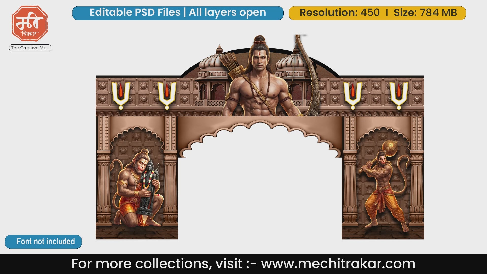 Bronze fort-style entrance gate PSD featuring a rugged Lord Rama portrait at the top center, glowing Vaishnava tilaks, and side pillars showing Lord Hanuman kneeling with the Ram Lalla idol and wielding a mace.