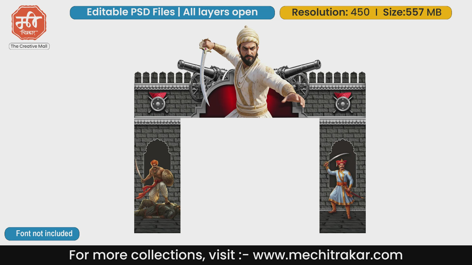 Editable PSD template of Chhatrapati Shivaji Maharaj entry gate with black fort texture, cannons, and Mawale guards for Shivjayanti flex printing.