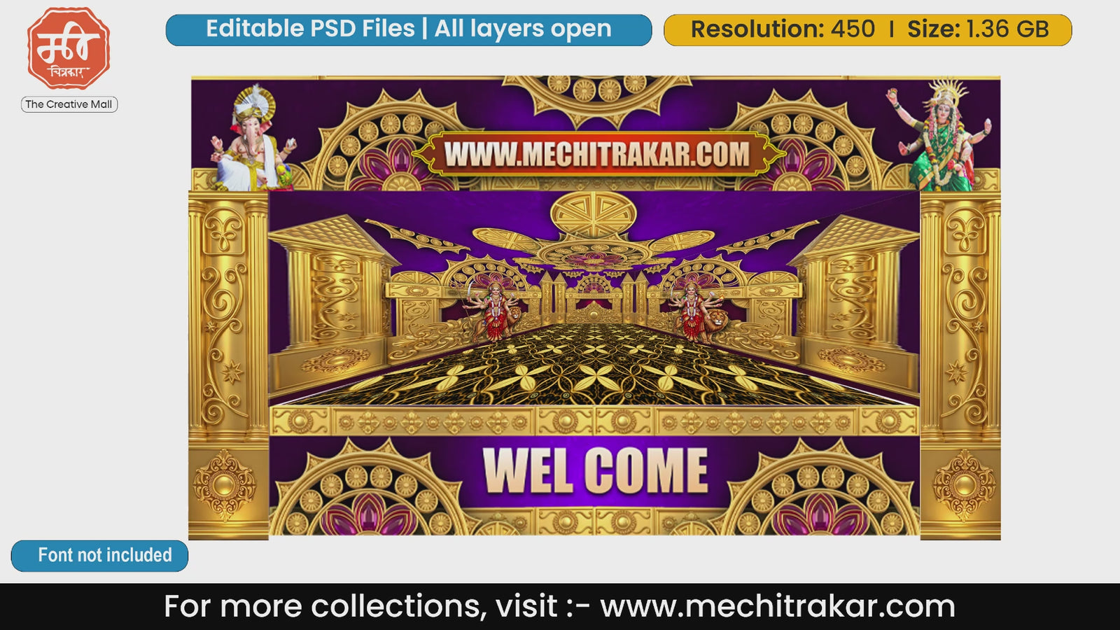 Goddess Durga Purple Royal Welcome Backdrop PSD Template Set