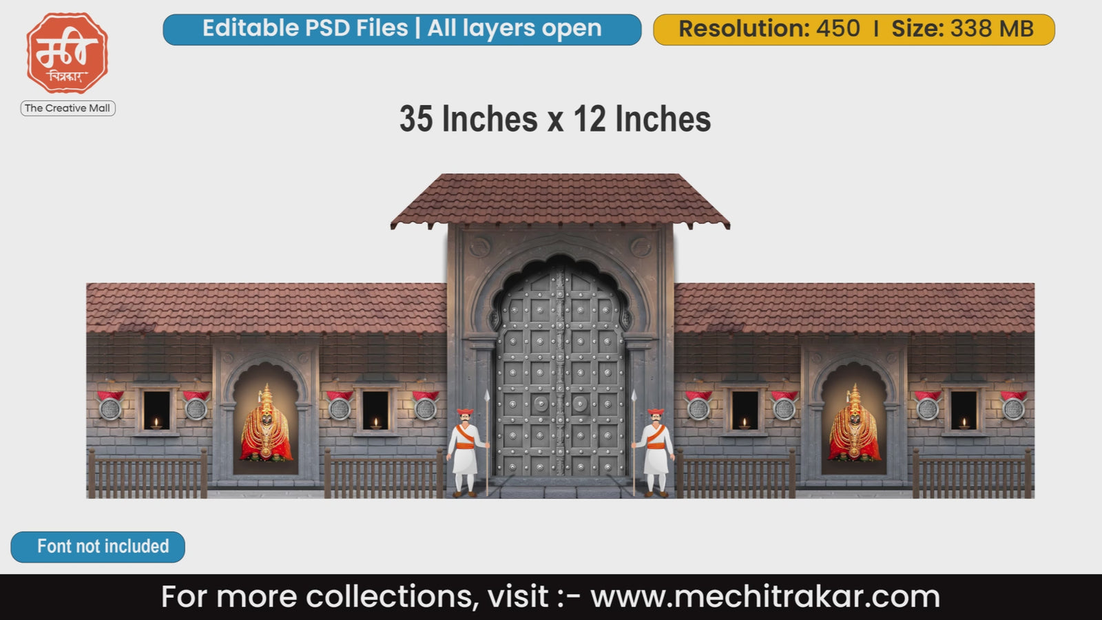 Ornate clay-roofed fort entrance with Goddess Tulja Bhavani idols banner editable PSD template for regional Maharashtrian festival flex printing.