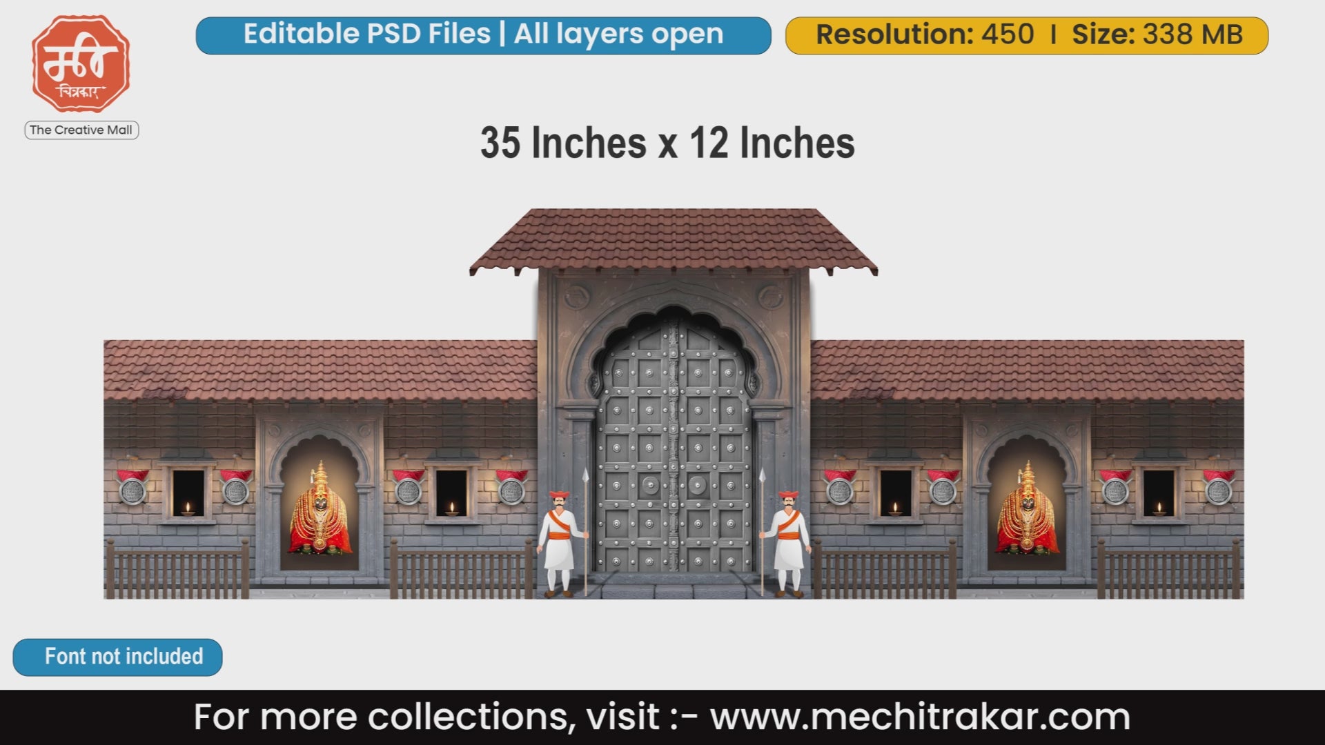 Ornate clay-roofed fort entrance with Goddess Tulja Bhavani idols banner editable PSD template for regional Maharashtrian festival flex printing.