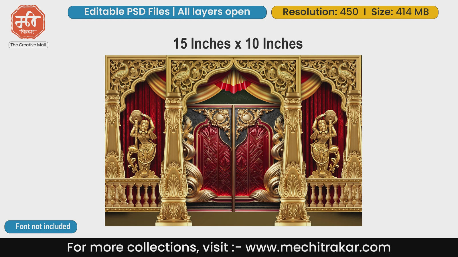 Royal palace stage backdrop with traditional dancer carvings, editable PSD template.