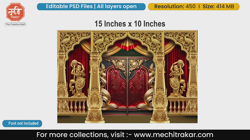 Royal palace stage backdrop with traditional dancer carvings, editable PSD template.
