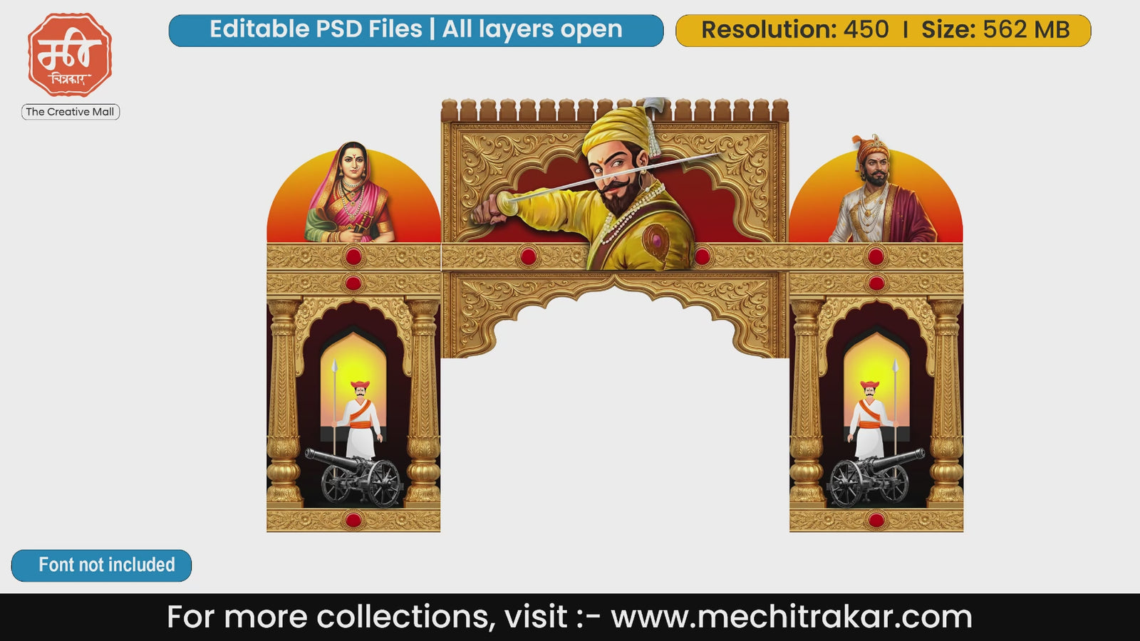Chhatrapati Shivaji Maharaj royal sword strike action welcome gate editable PSD template.