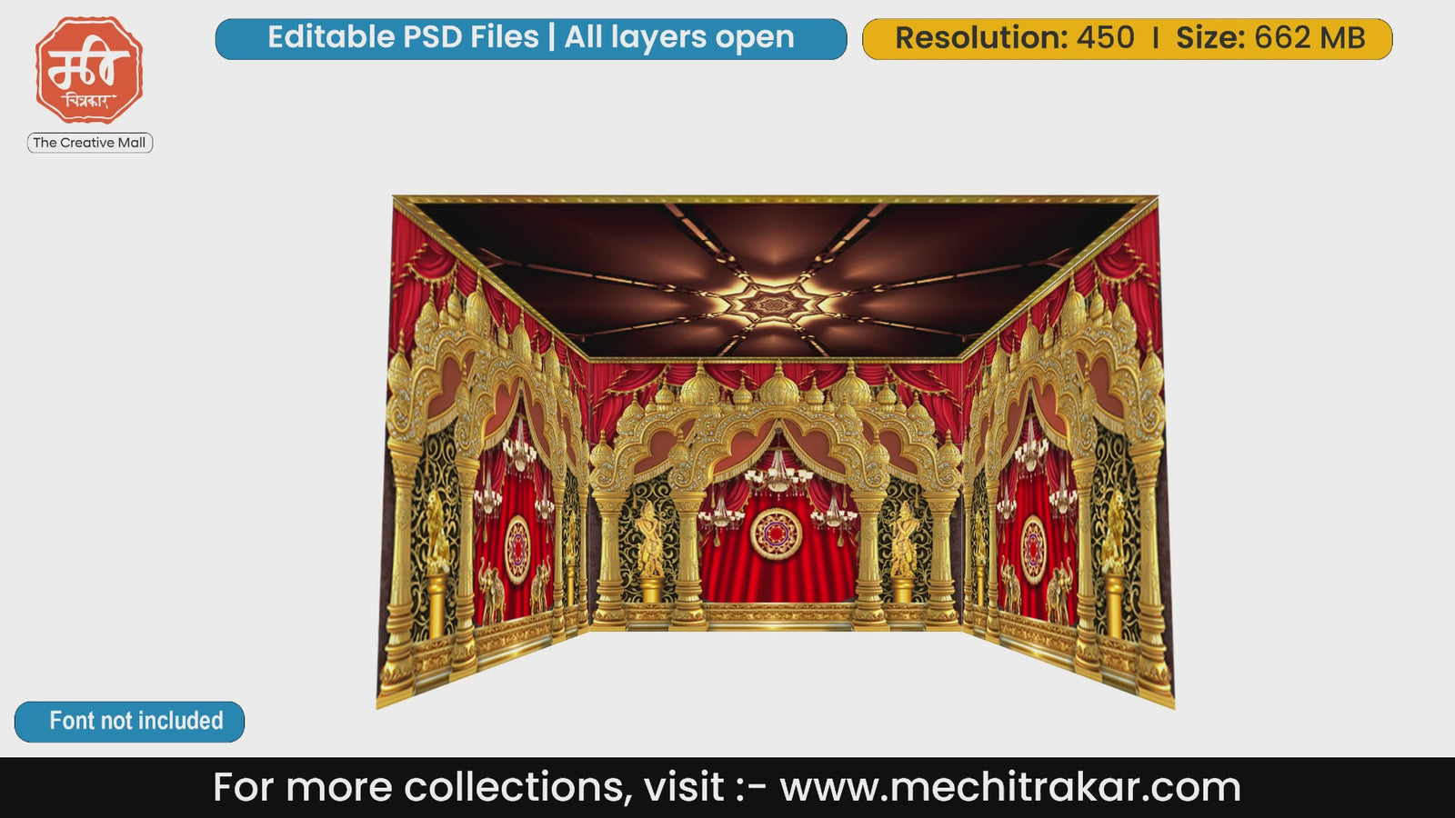 Grand golden palace interior with red drapes and chandeliers 4 Side Decoration editable psd template for luxurious event flex printing.