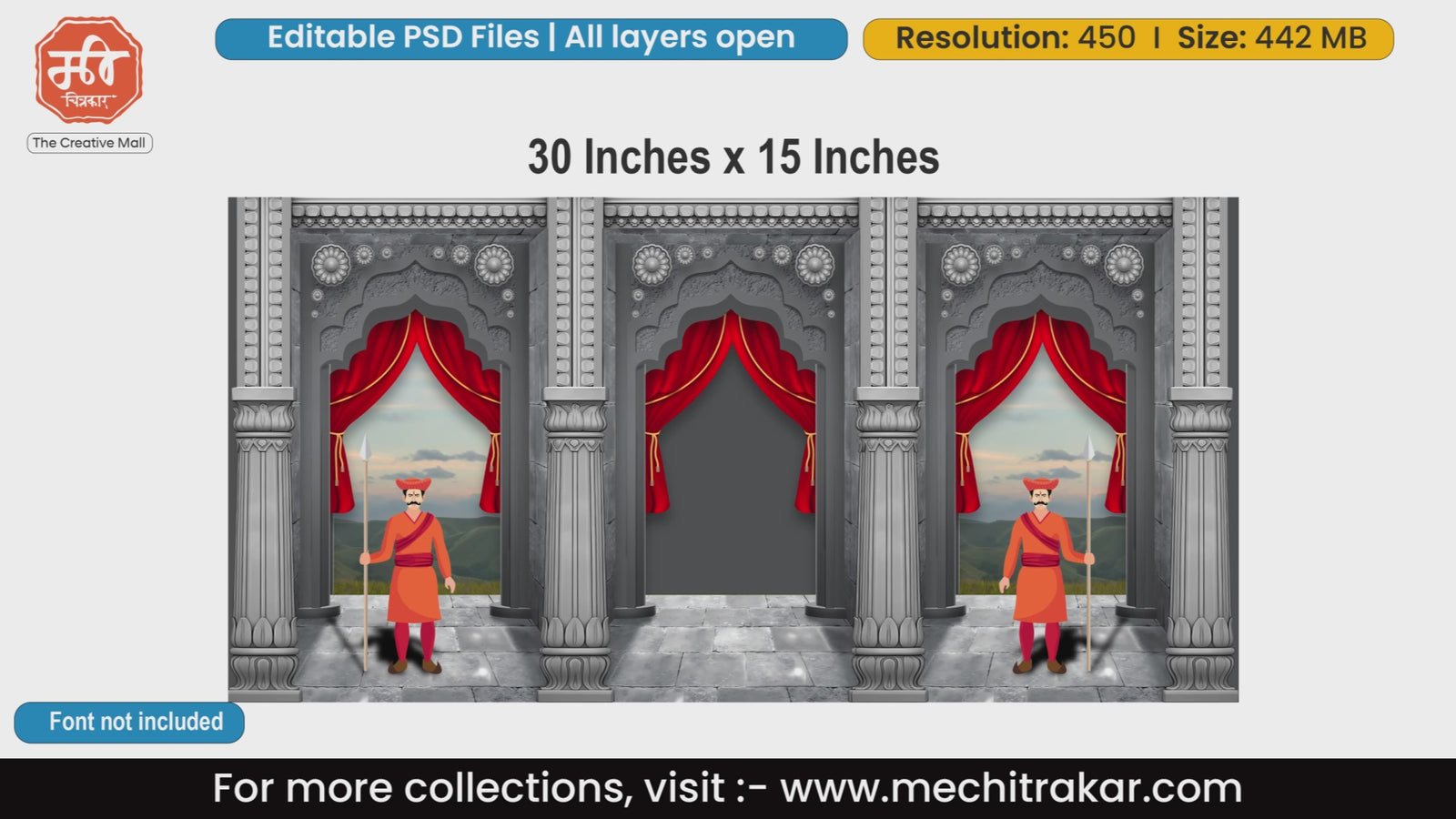 Traditional stone pillars and red stage curtains backdrop banner editable PSD template featuring Maratha soldiers for regional event flex printing.
