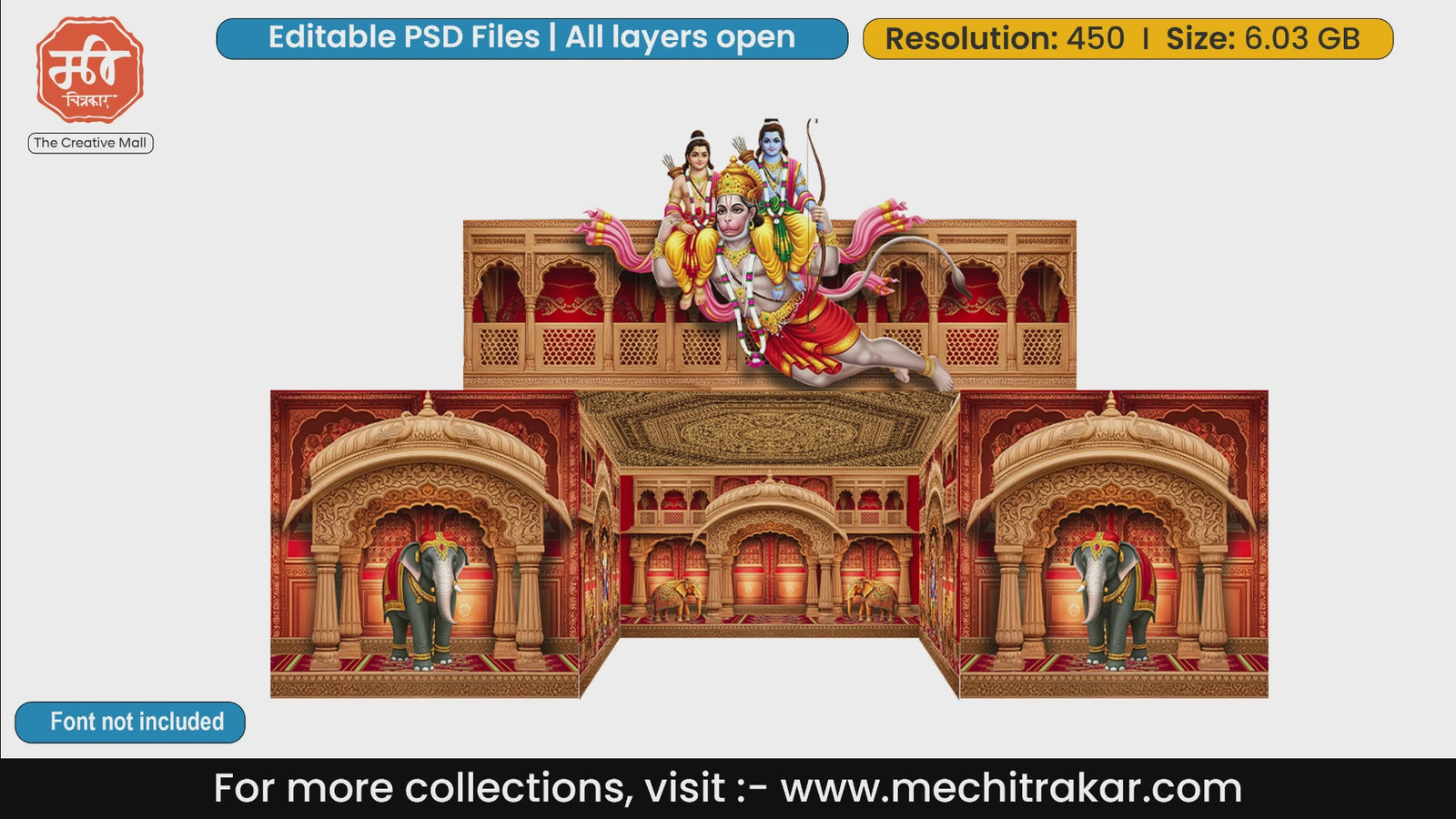 Hanuman Carrying Ram Lakshman Royal Palace Elephant Pandal Backdrop Editable PSD Template