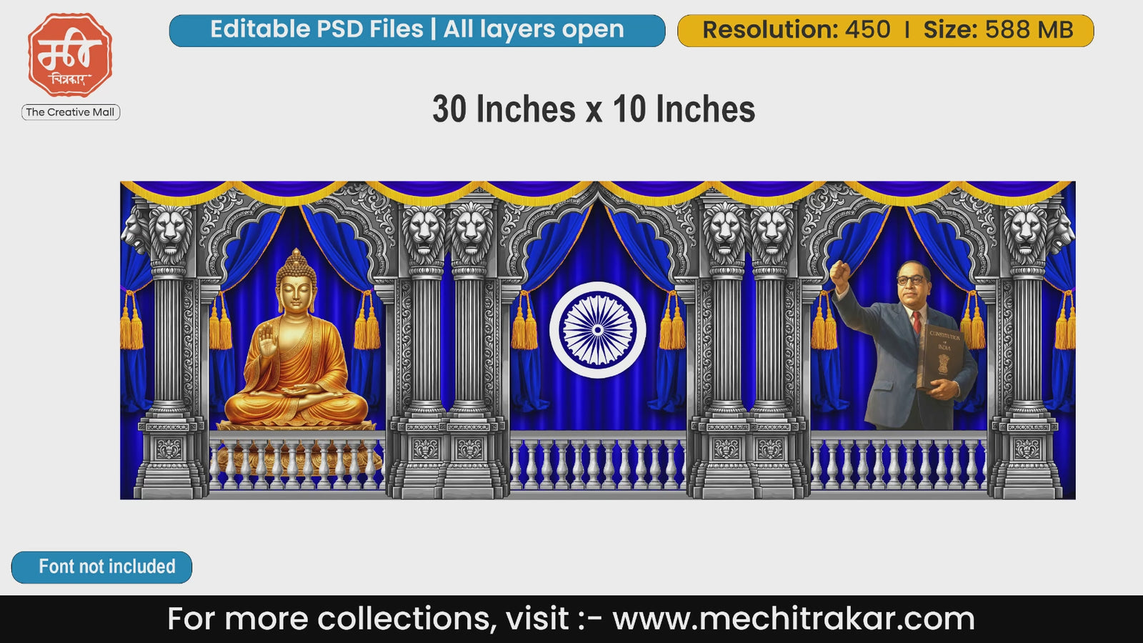 Golden Buddha Dr. Babasaheb Ambedkar holding constitution editable PSD template with blue drapes.
