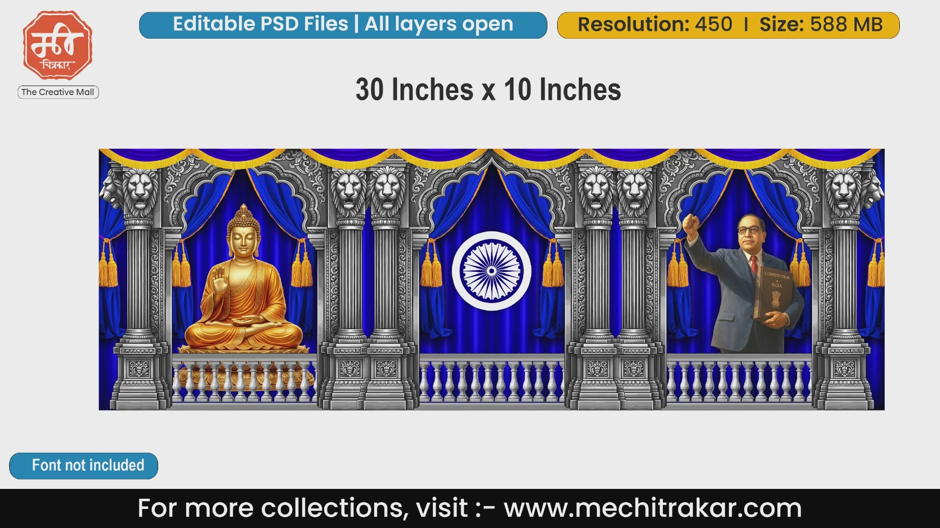 Golden Buddha Dr. Babasaheb Ambedkar holding constitution editable PSD template with blue drapes.