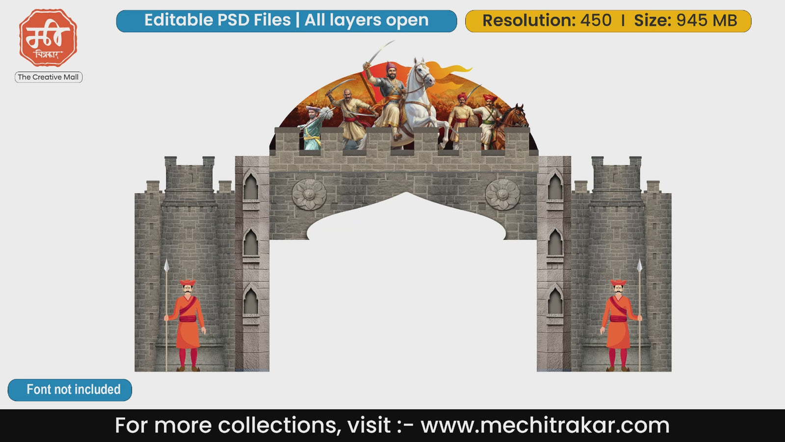 Stone fort arch editable PSD template featuring Chhatrapati Shivaji Maharaj riding a horse with Maratha Sardars and Mawale guards for event branding.