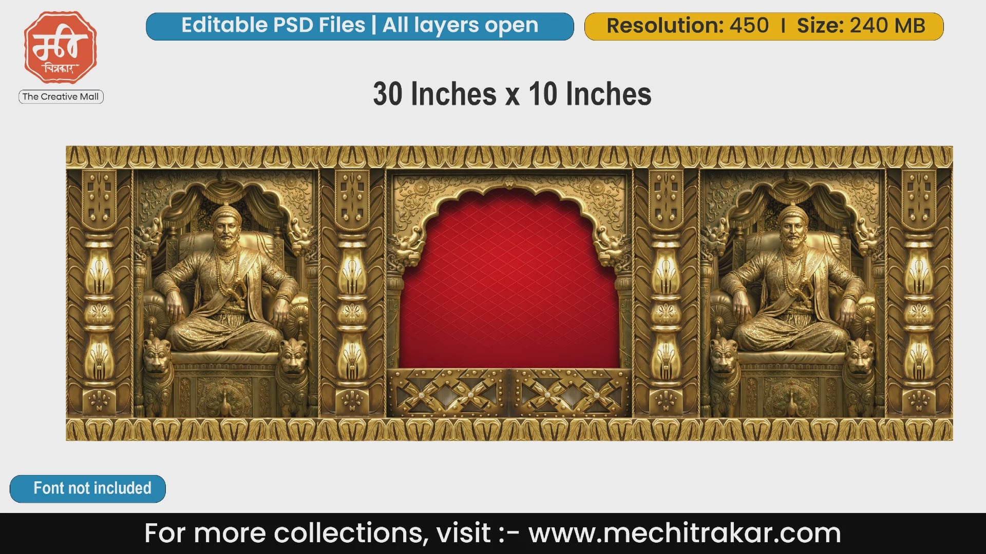 Grand golden backdrop editable PSD template featuring Chhatrapati Shivaji Maharaj on throne for Shivjayanti and Swarajya events.