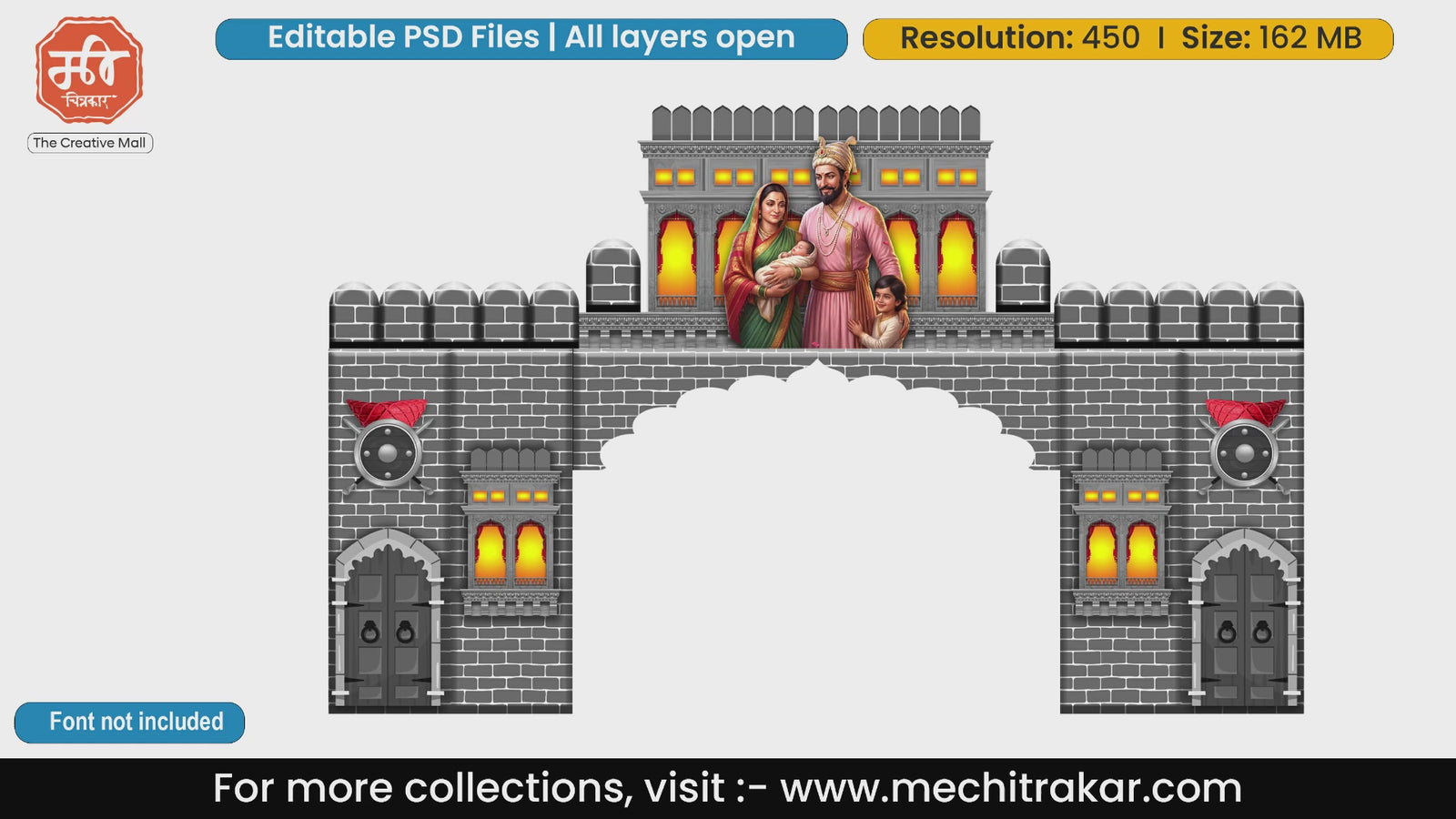 Stone fort entry gate editable PSD template featuring Chhatrapati Shivaji Maharaj, Rajmata Jijau, and young Sambhaji Maharaj for cultural events.