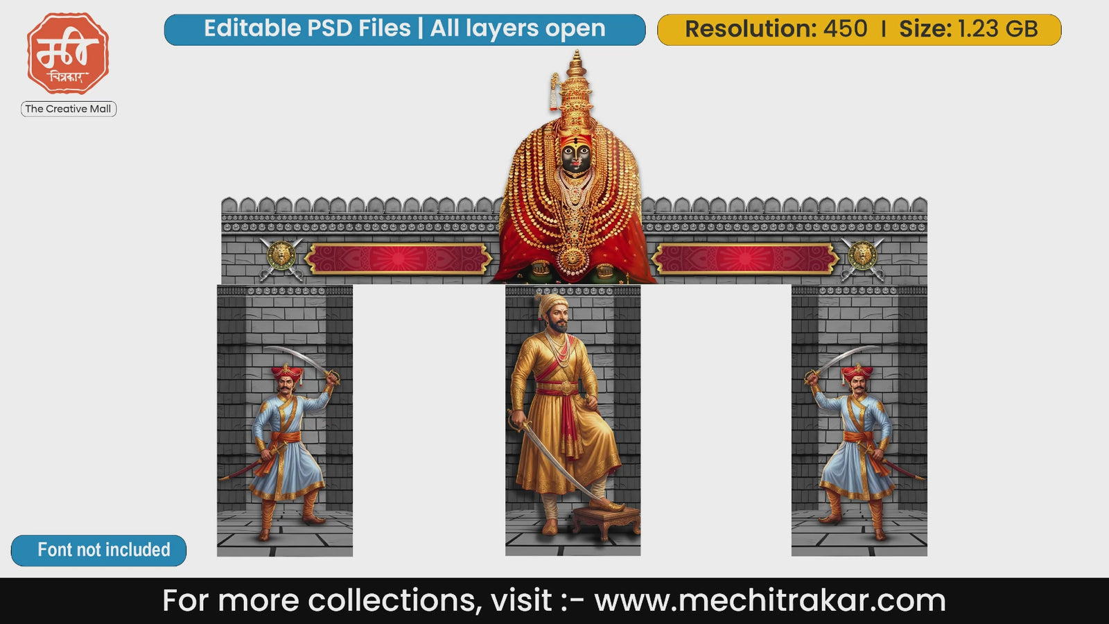 Editable PSD template of a historic fort entrance gate featuring Goddess Tulja Bhavani, Chhatrapati Shivaji Maharaj, and armed Maratha Mawale.