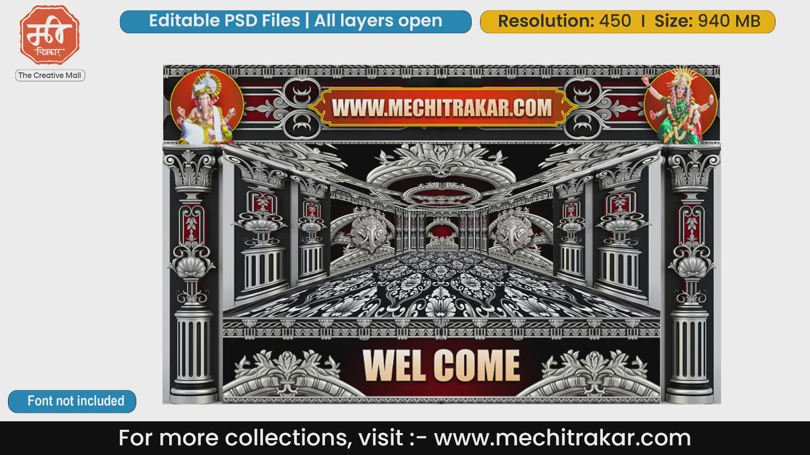 Silver Gaja Damask Welcome Backdrop PSD Template Set