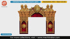 Editable PSD template of majestic golden elephant entry gate with elegant red curtains and intricate royal carvings for grand events.