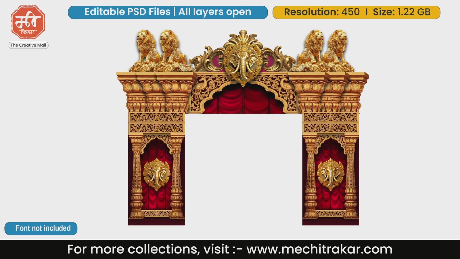 Editable PSD template of majestic golden elephant entry gate with elegant red curtains and intricate royal carvings for grand events.