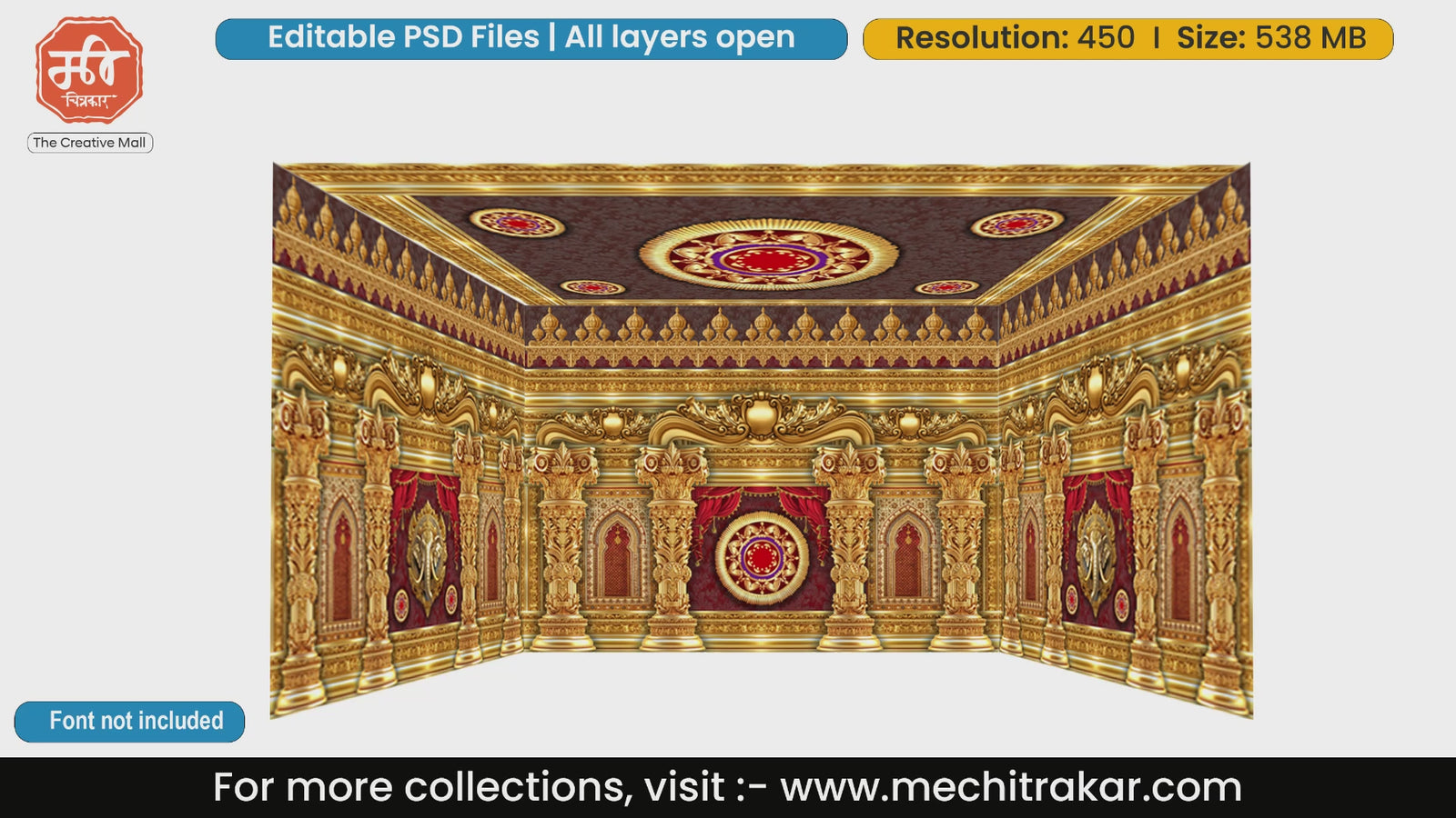 Intricate golden temple carving with Ganesha details 4 Side Decoration editable psd template for professional business stage graphic design.
