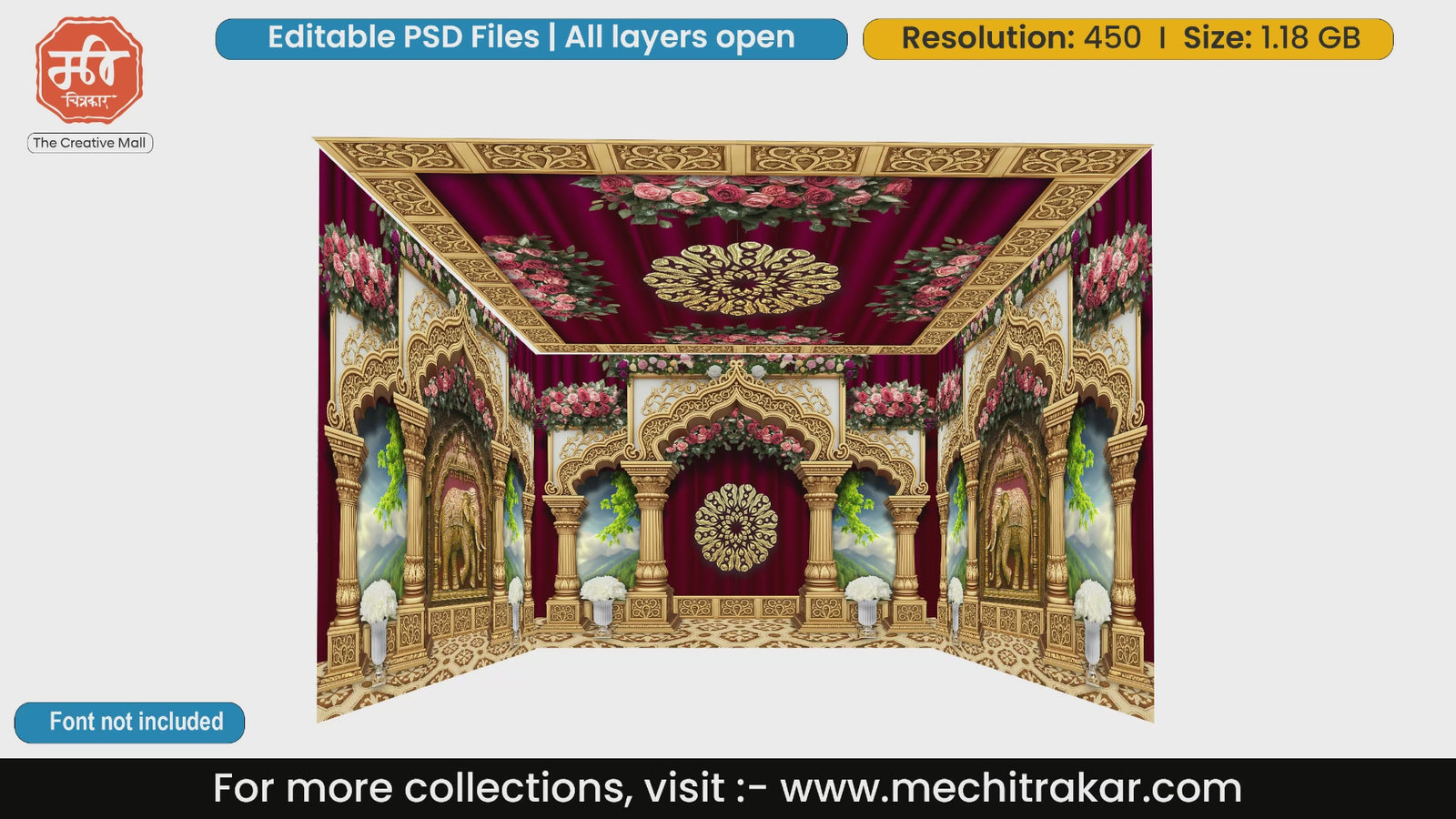Golden architecture with floral decor and green scenic backdrop 4 Side Decoration editable psd template