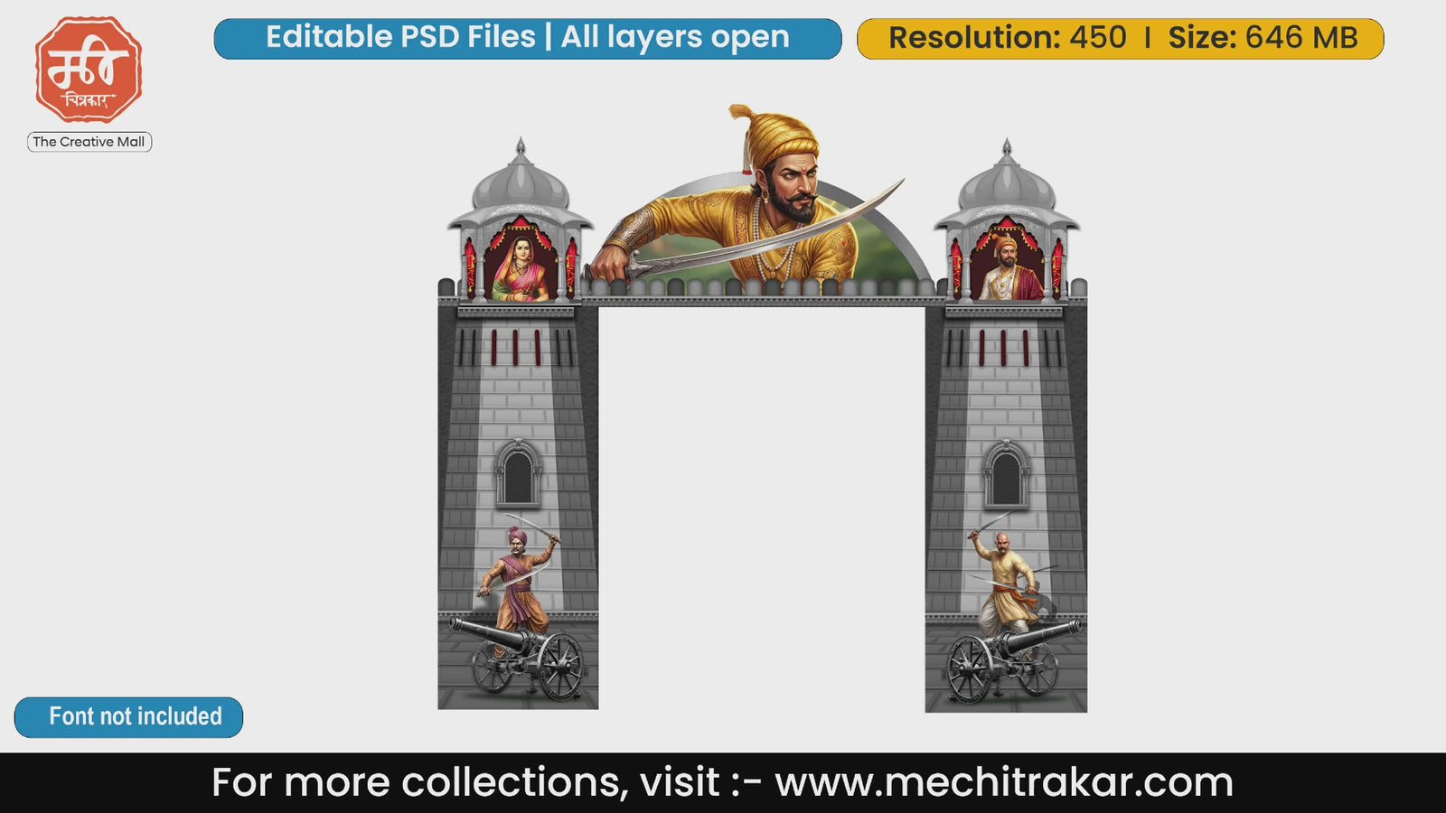 Fort themed Shivjayanti entrance gate editable PSD template featuring Chhatrapati Shivaji Maharaj with a drawn sword and Mawale with cannons.