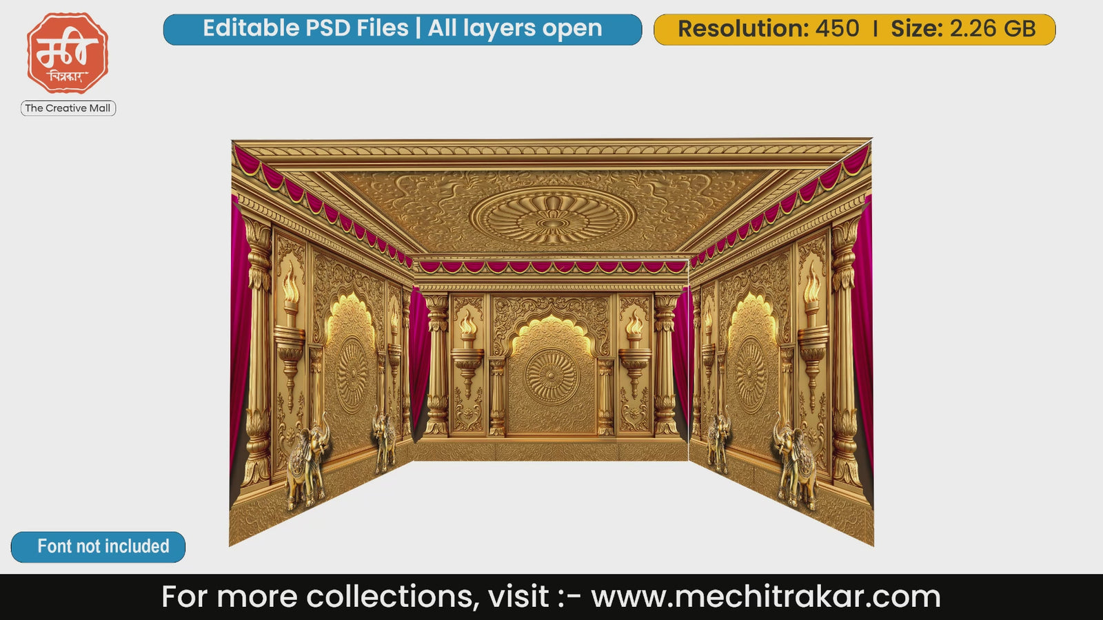 Golden royal palace mandap with elephant pillars 4 Side Decoration editable psd template