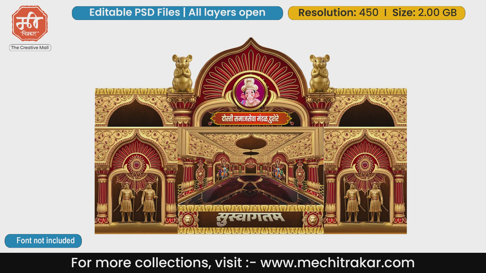 Golden Mooshak & Mavale Warrior Red Facade Mandap Gate – Editable PSD