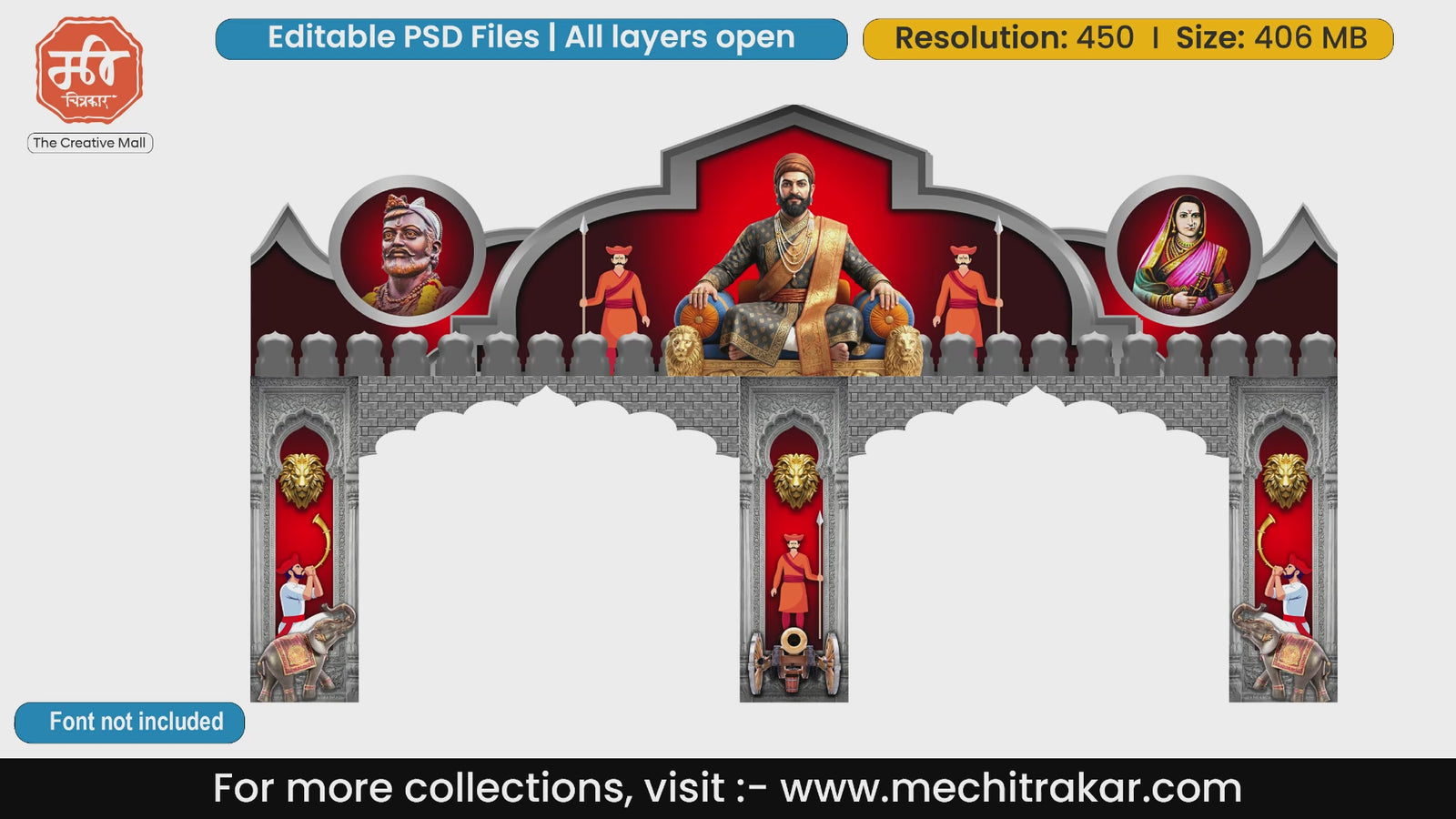 Royal entry gate editable PSD template displaying Chhatrapati Shivaji Maharaj on a golden throne with portraits of Rajmata Jijau and Shahaji Raje.