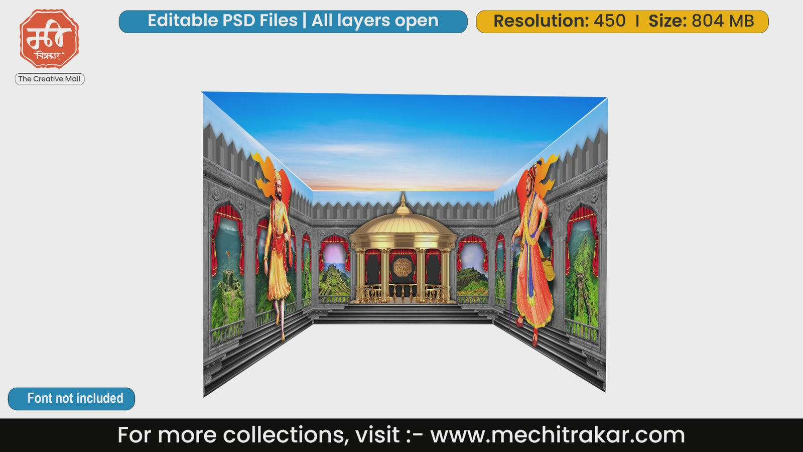 Majestic Chhatrapati Shivaji Maharaj fort theme 4 Side Decoration editable psd template with golden throne.