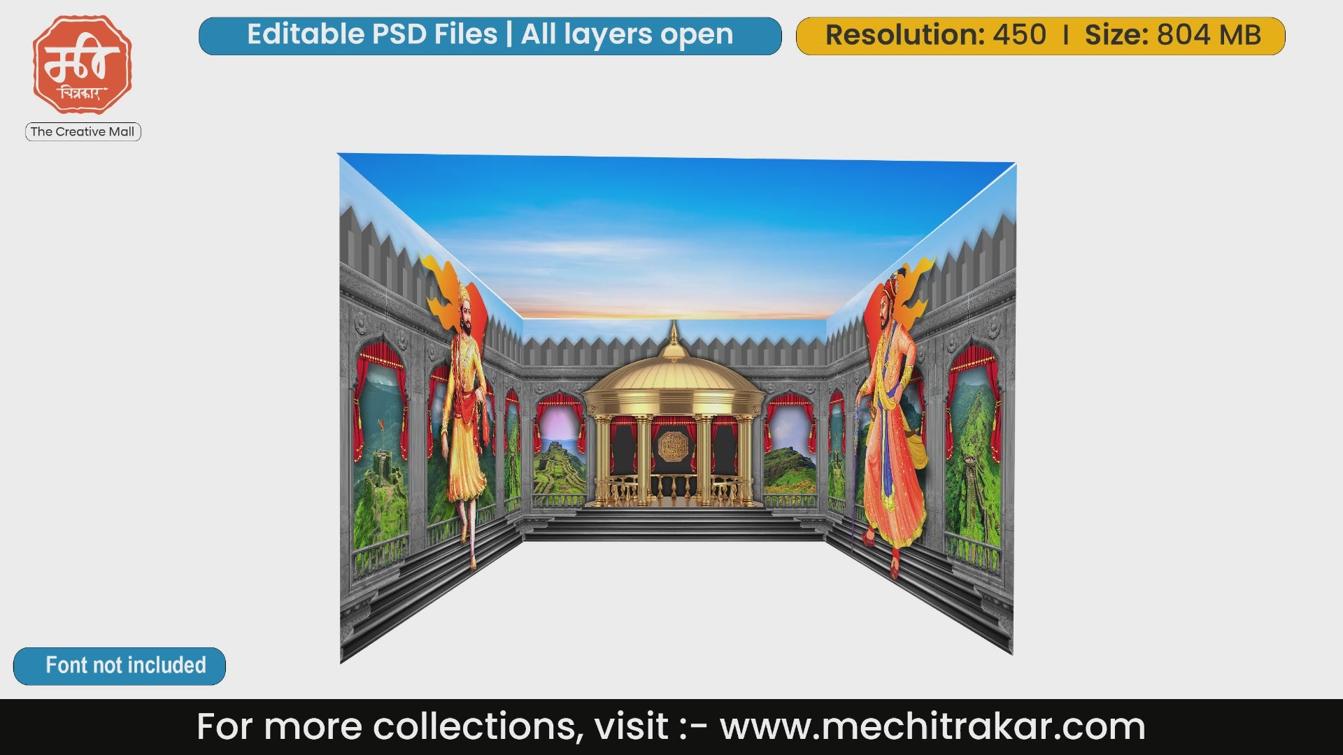 Majestic Chhatrapati Shivaji Maharaj fort theme 4 Side Decoration editable psd template with golden throne.