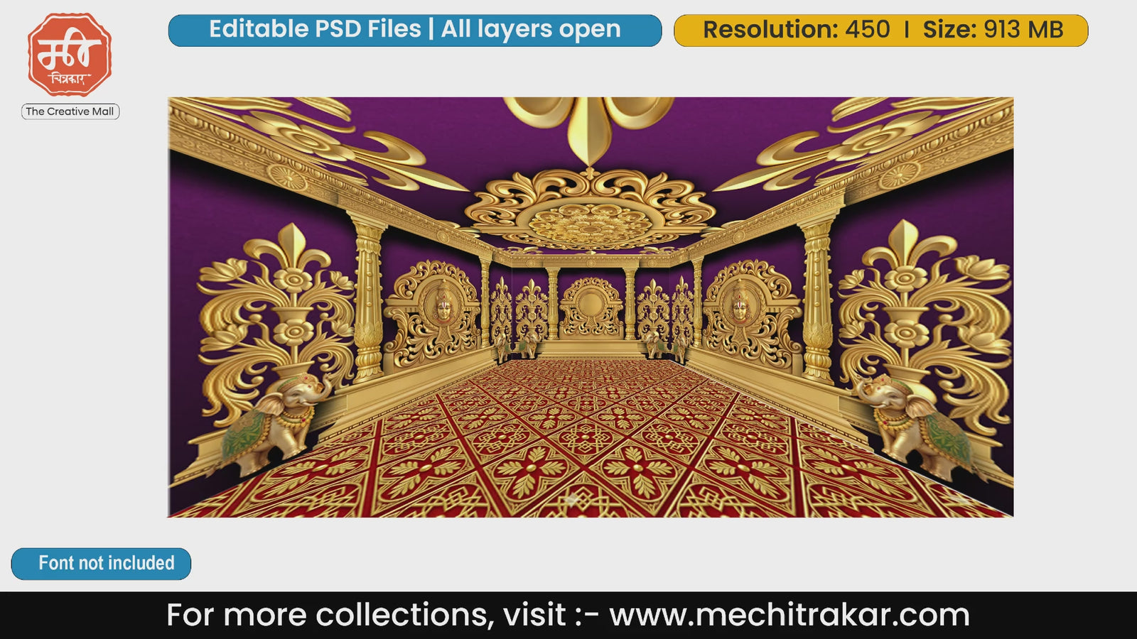 Lord Venkateswara Golden Purple Palace with Elephants – Editable PSD Backdrop