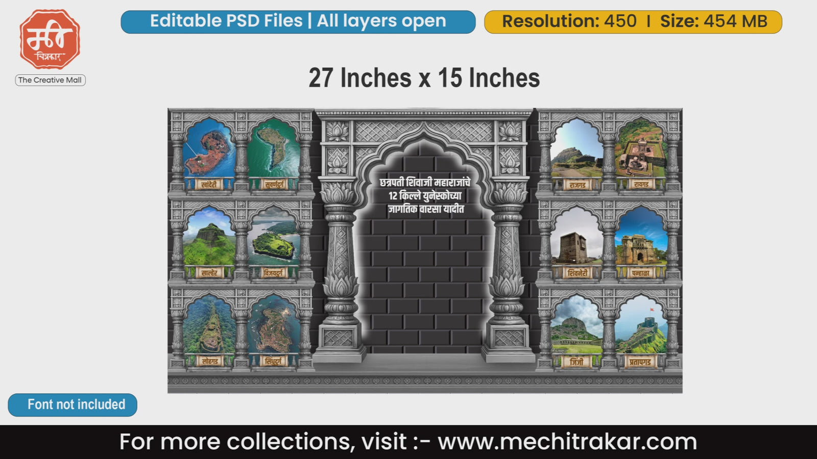 12 UNESCO recognized forts of Chhatrapati Shivaji Maharaj displayed within traditional stone arches and grand pillars