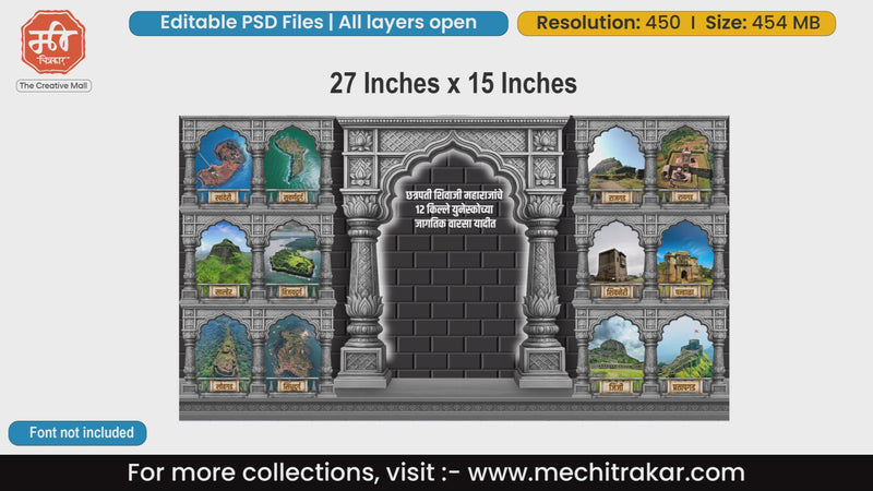 12 UNESCO recognized forts of Chhatrapati Shivaji Maharaj displayed within traditional stone arches and grand pillars
