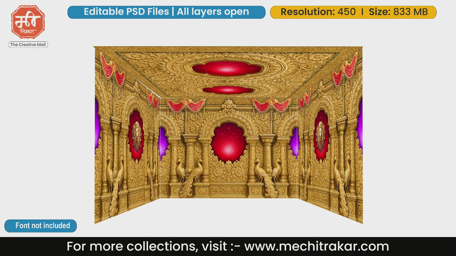 Golden royal palace architecture 4 Side Decoration editable psd template with peacock statues and rich red ceiling