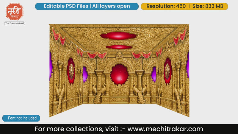 Golden royal palace architecture 4 Side Decoration editable psd template with peacock statues and rich red ceiling