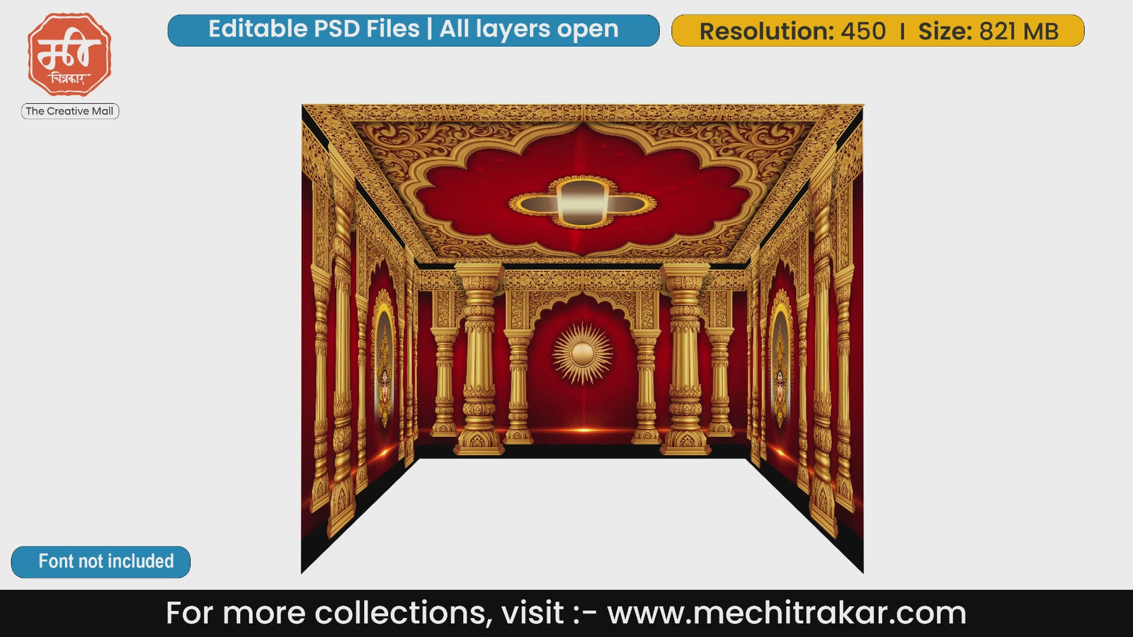 Luxurious red and gold grand mandap setup in our premium 4 Side Decoration editable psd template for cultural festivals.