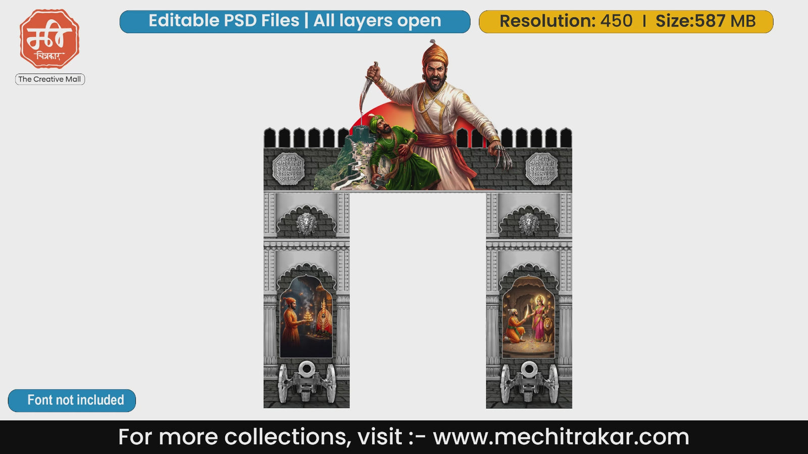 Editable PSD template depicting Chhatrapati Shivaji Maharaj in Afzal Khan Vadh historical scene on a fort themed entry gate for event printing.
