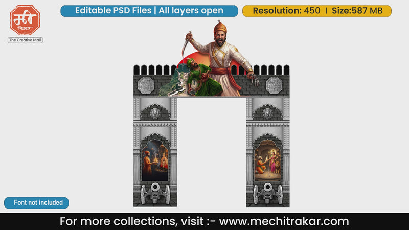 Editable PSD template depicting Chhatrapati Shivaji Maharaj in Afzal Khan Vadh historical scene on a fort themed entry gate for event printing.