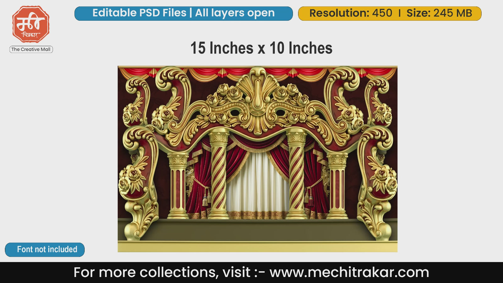 Editable PSD template of a royal golden arch with red curtains stage background for Maharashtrian cultural events and flex printing.
