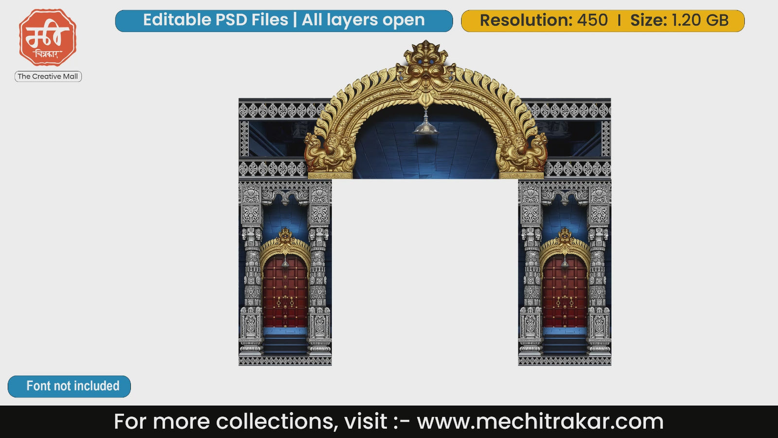 Editable PSD template of beautiful night temple entry gate featuring silver carved pillars, a golden arch, and wooden doors with brass bells.