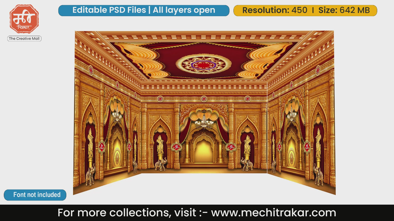 Bright yellow durbar with traditional statues 4 Side Decoration editable psd template for agencies.