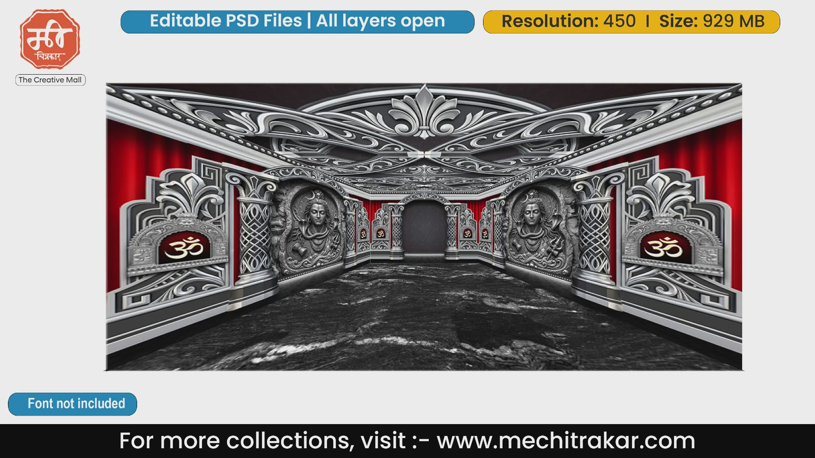 Silver & Black Shiva Om Temple with Red Curtains – Editable PSD Backdrop